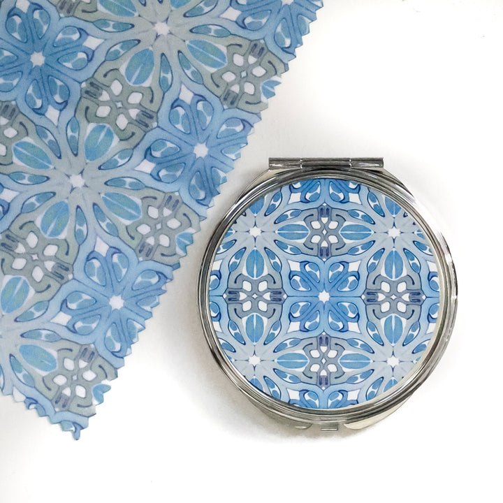 SALE - Suzanne - Blue/White/Grey Round Compact Folding Mirror