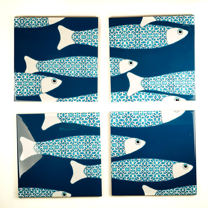 SALE SECOND SET - 4x 20cm Ocean Shoal tiles - Large Scale - Teal