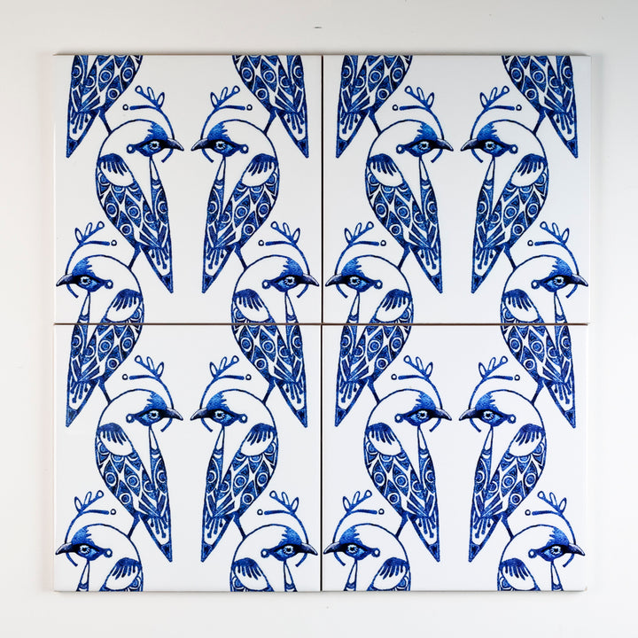 SALE - Set of 4x 15.2cm Lovebirds Prototype Tiles - Blue &amp; White