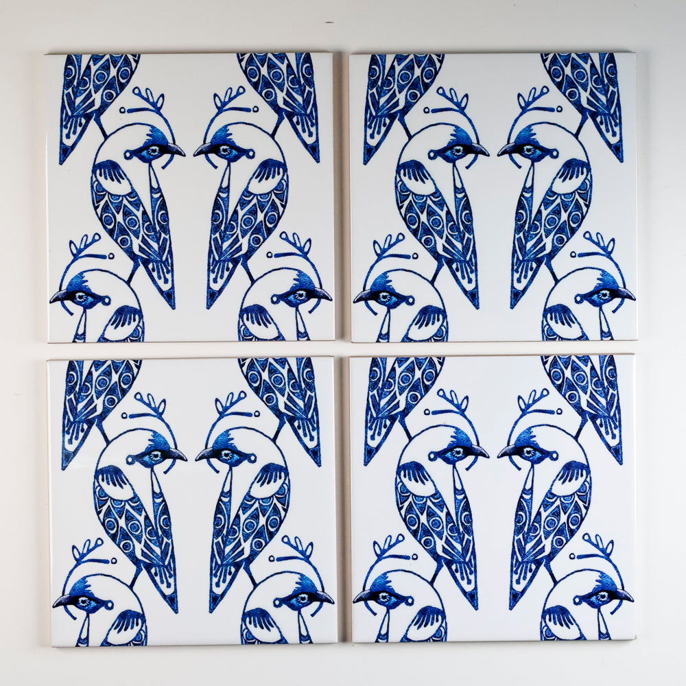 SALE - Set of 4x 15.2cm Lovebirds Prototype Tiles - Blue &amp; White