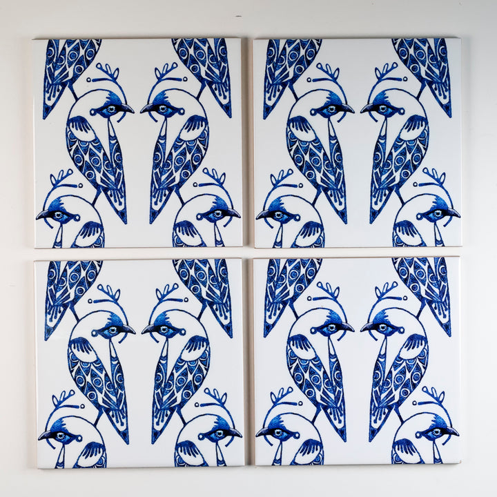 SALE - Set of 4x 15.2cm Lovebirds Prototype Tiles - Blue &amp; White