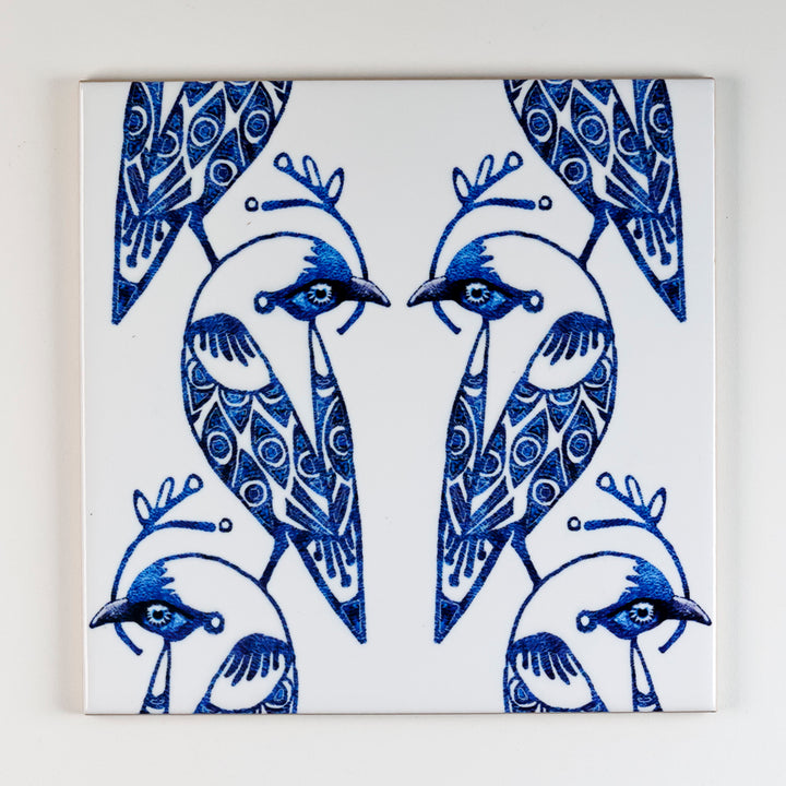 SALE - Set of 4x 15.2cm Lovebirds Prototype Tiles - Blue &amp; White