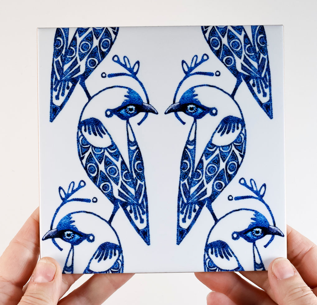SALE - Set of 4x 15.2cm Lovebirds Prototype Tiles - Blue &amp; White