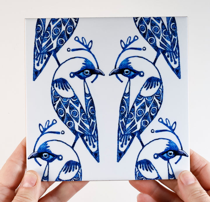SALE - Set of 4x 15.2cm Lovebirds Prototype Tiles - Blue &amp; White
