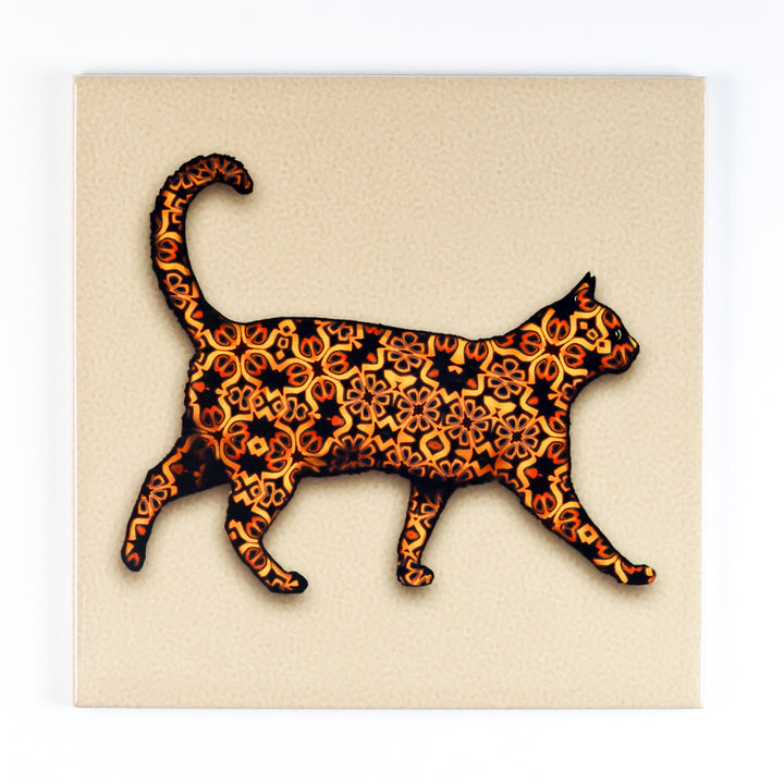 SALE - Single 15.2cm - Stalking Cat Feature tile on beige