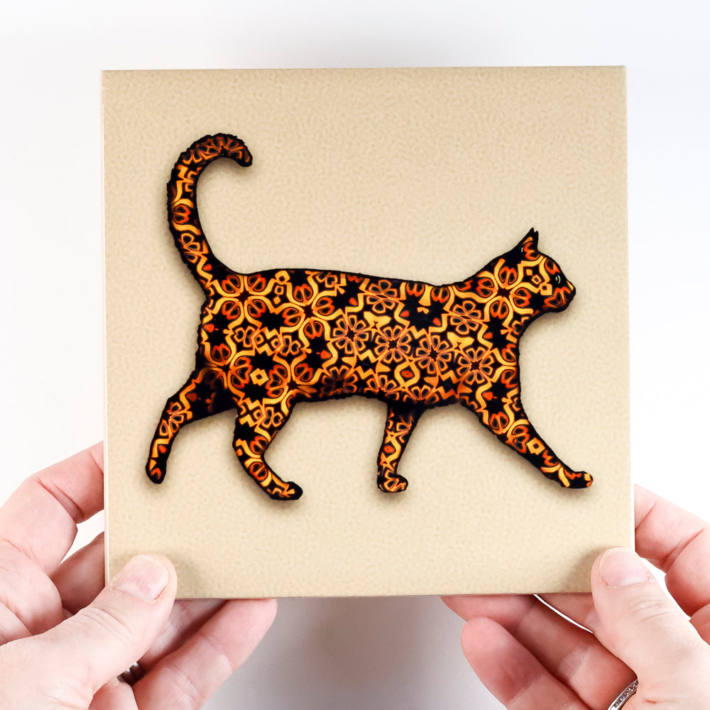 SALE - Single 15.2cm - Stalking Cat Feature tile on beige
