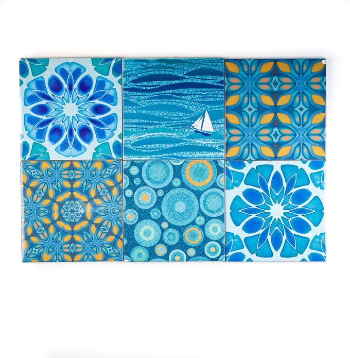 SALE SECONDS - Set of 6x 15.2cm - Mixed Set of "Blue Theme" tiles