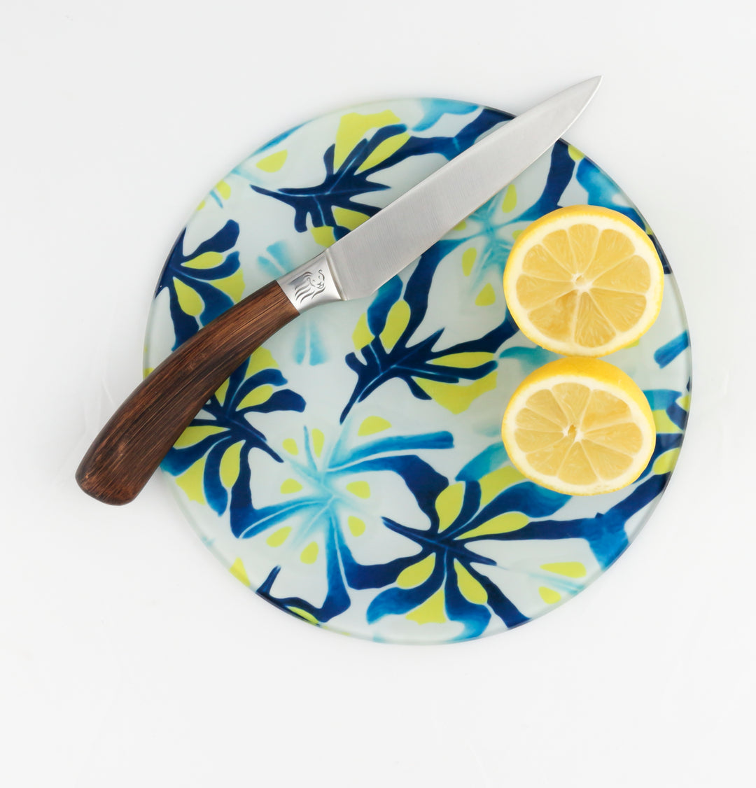 Navy Blue Yellow modern abstract chopping board (circular)