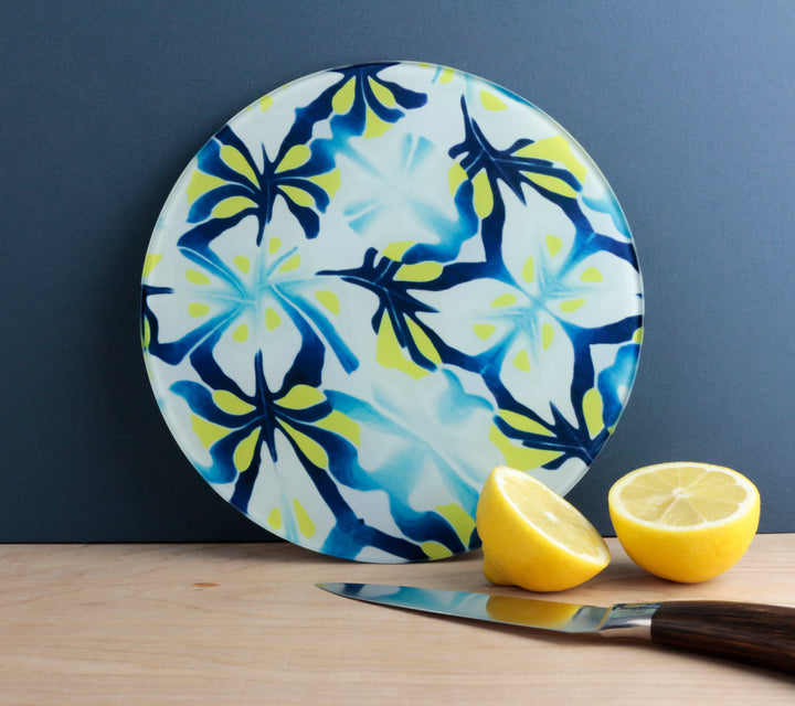 Navy Blue Yellow modern abstract chopping board (circular)