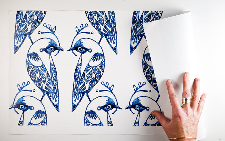 Sale - Blue &amp; White Lovebirds - Pre-pasted Wallpaper Sample