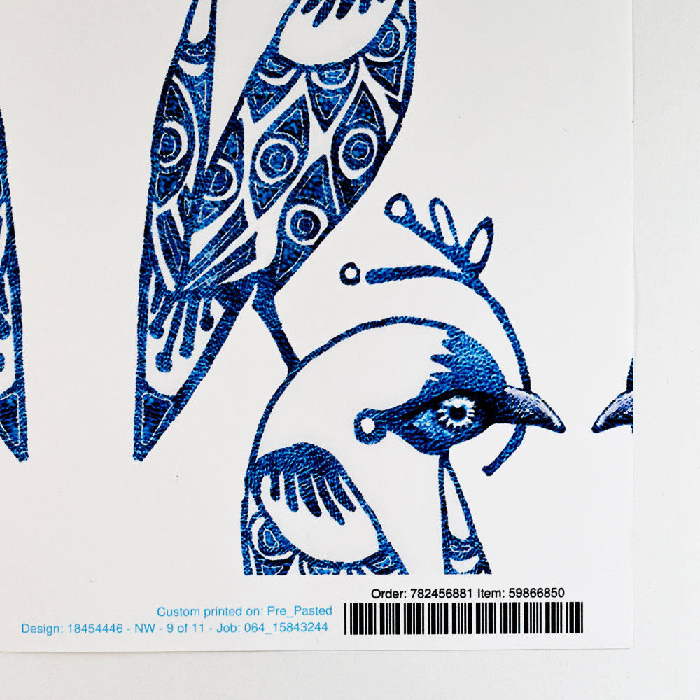 Sale - Blue &amp; White Lovebirds - Pre-pasted Wallpaper Sample