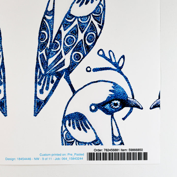 Sale - Blue &amp; White Lovebirds - Pre-pasted Wallpaper Sample