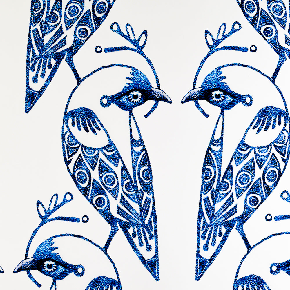 Sale - Blue &amp; White Lovebirds - Pre-pasted Wallpaper Sample
