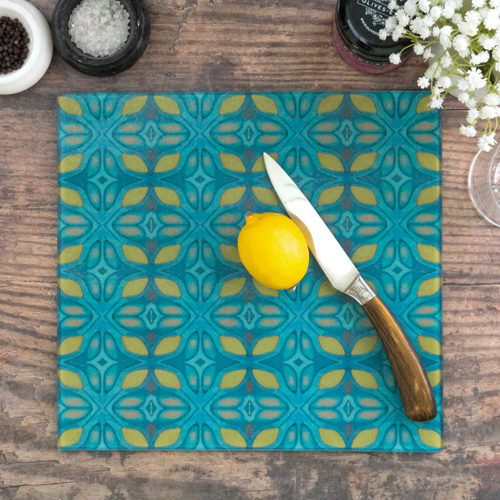 Knossos Leaf - Blue/Yellow Worktop Protector