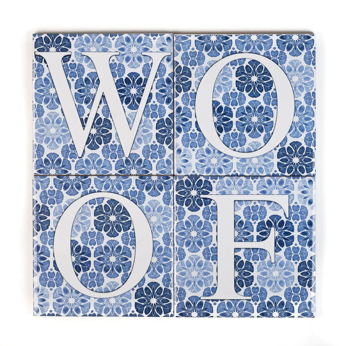 SALE SET of 4x Letter Tiles - "WOOF" - 10cm tiles -  FIRED INK Version