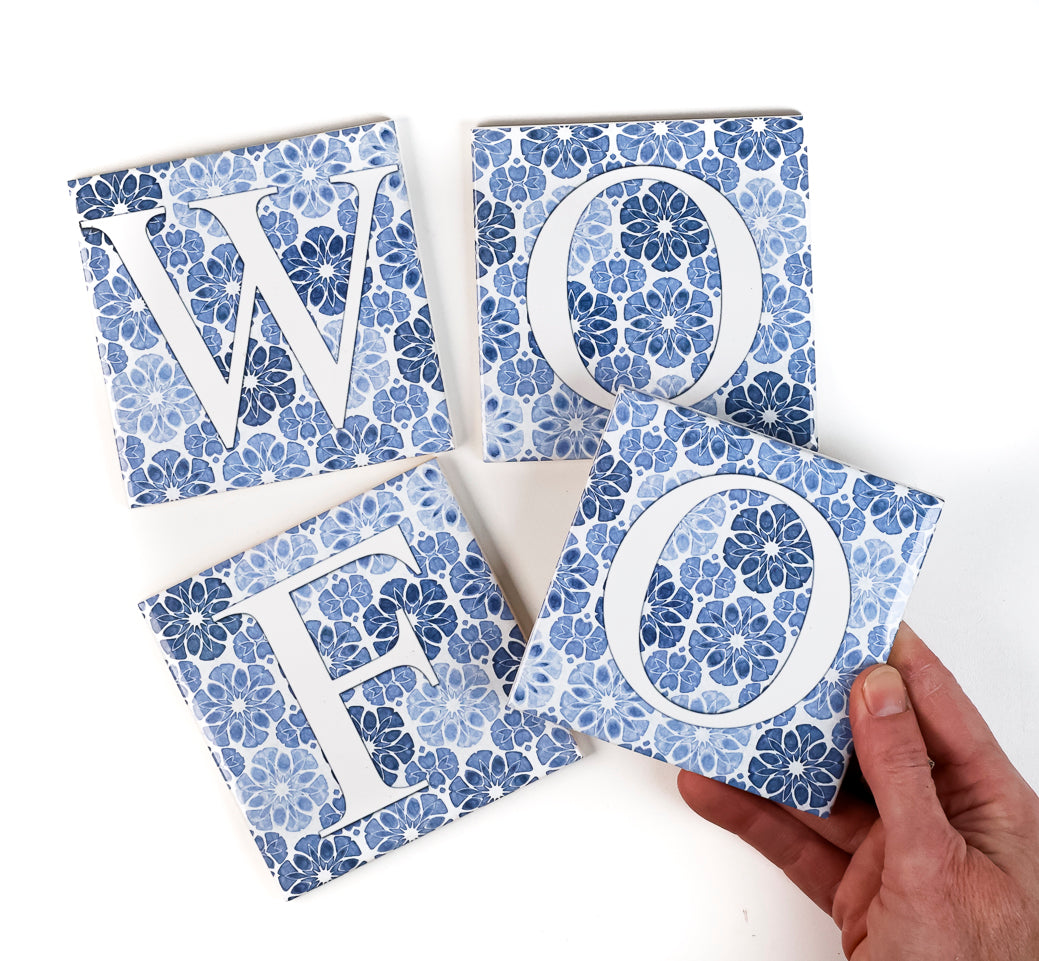 SALE SET of 4x Letter Tiles - "WOOF" - 10cm tiles -  FIRED INK Version