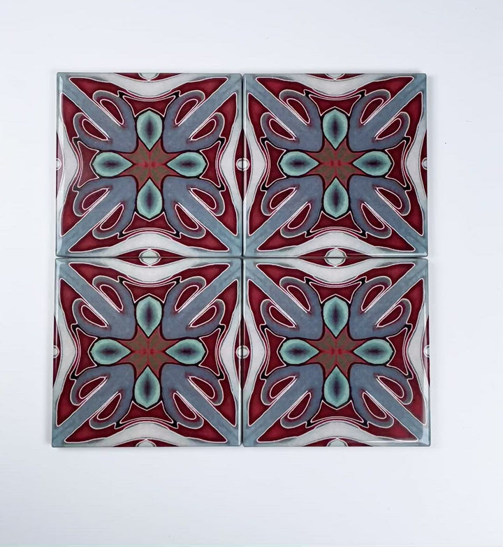 "Red Victorian" twining Art Deco tiles -  FIRED INK Version