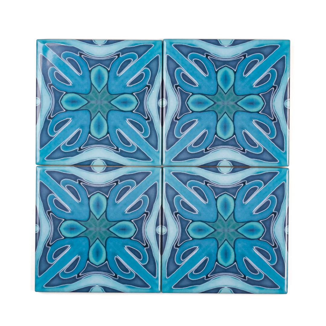 "Denim Blue Twining" Art Deco tiles -  FIRED INK Version