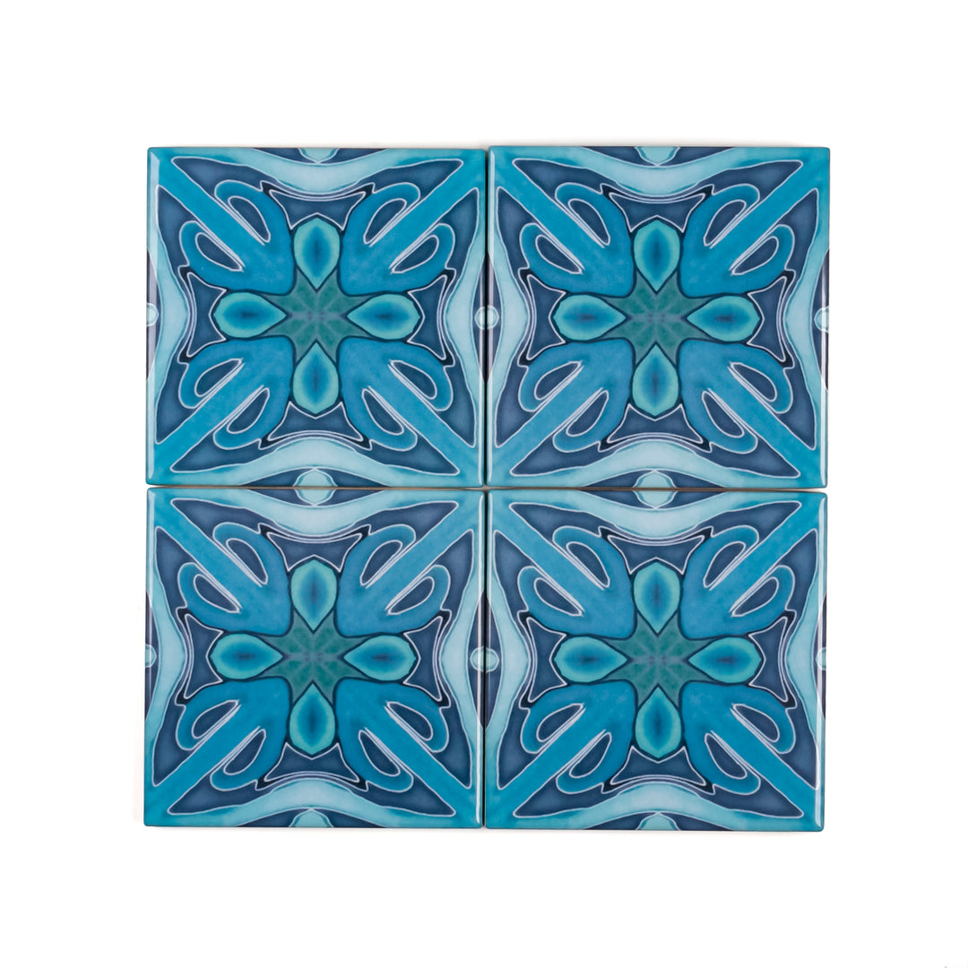 "Denim Blue Twining" Art Deco tiles -  FIRED INK Version