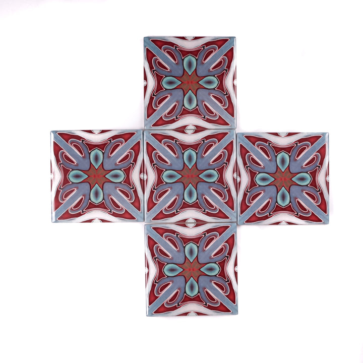 "Red Victorian" twining Art Deco tiles -  FIRED INK Version