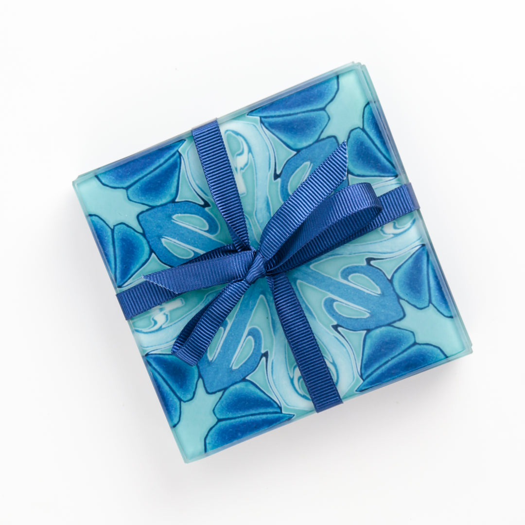 Turquoise Art Deco Glass Coaster Set - Cross Design