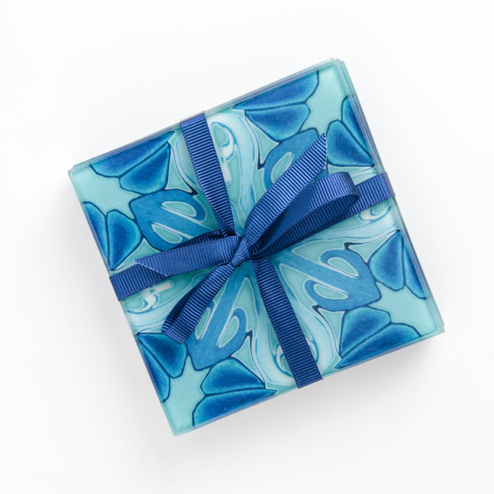 Turquoise Art Deco Glass Coaster Set - Cross Design