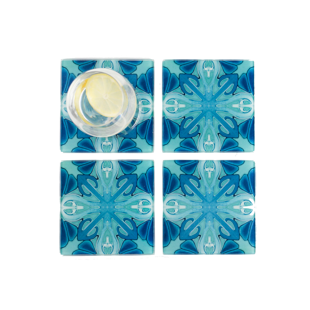 Turquoise Art Deco Glass Coaster Set - Cross Design