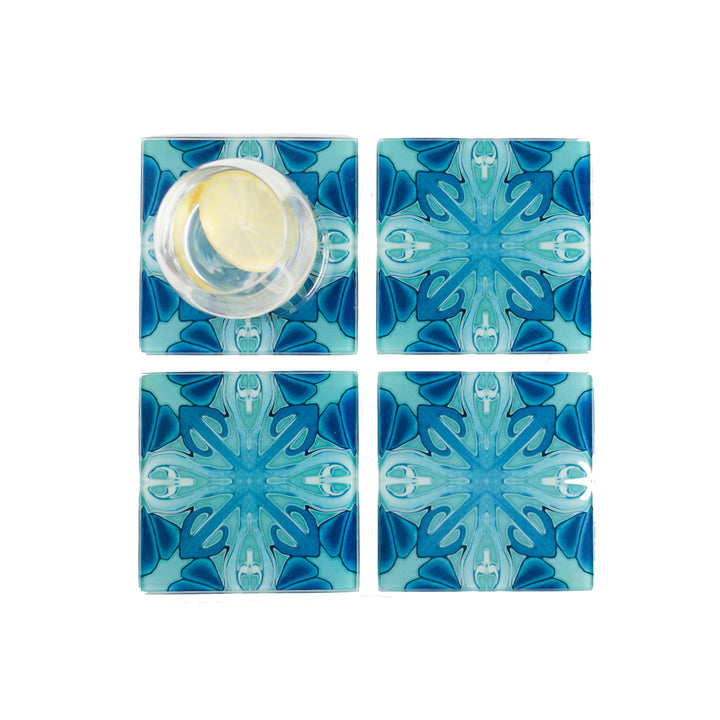 Turquoise Art Deco Glass Coaster Set - Cross Design