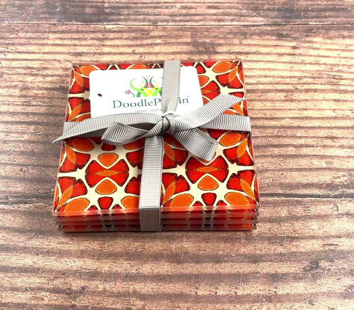 Moroccan Flower Coasters - Pink Apricot Orange - Glass Coaster Set