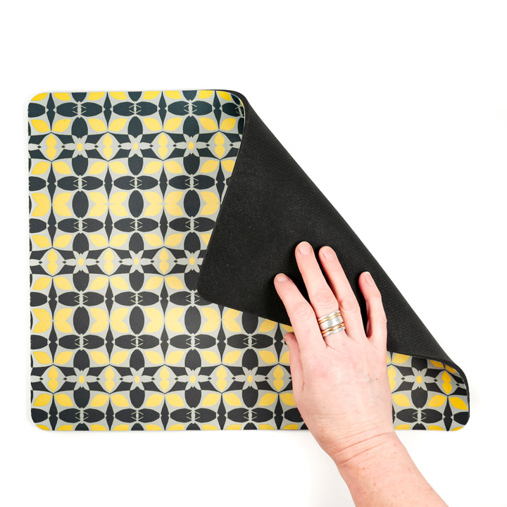 Scandi Yellow Grey Black Large Pet Food Mat
