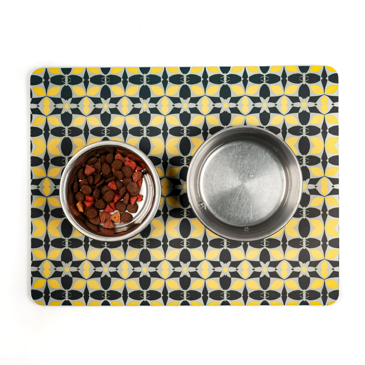 Scandi Yellow Grey Black Large Pet Food Mat