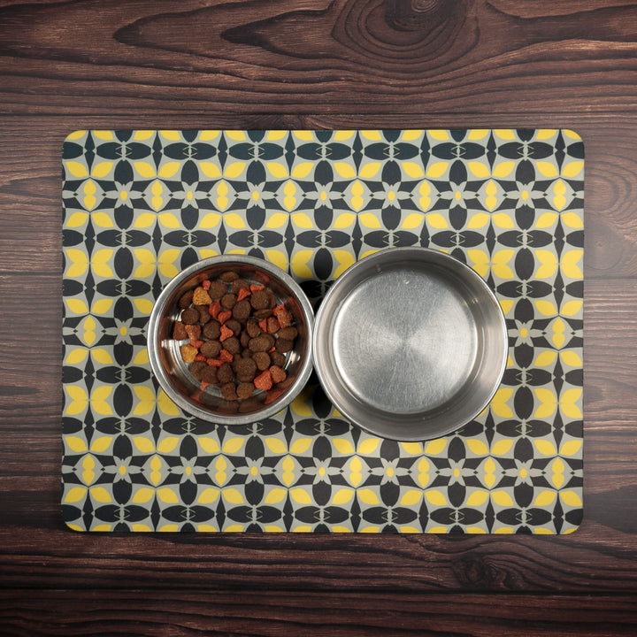 Scandi Yellow Grey Black Large Pet Food Mat