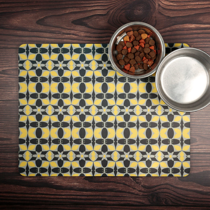 Scandi Yellow Grey Black Large Pet Food Mat