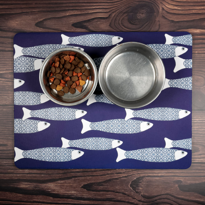 Navy Blue Ocean Shoal Large Pet Food Mat