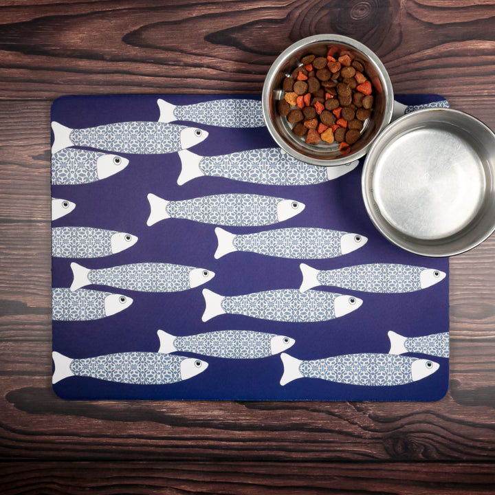 Navy Blue Ocean Shoal Large Pet Food Mat