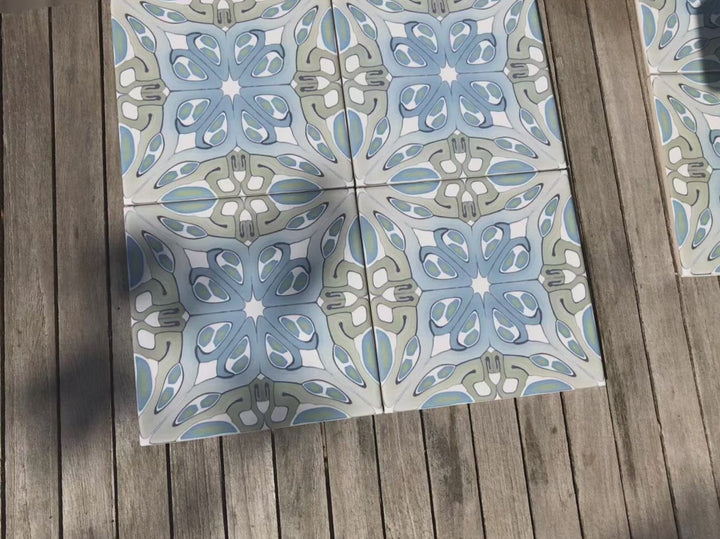 "Suzanne" muted green blue art deco tiles -  FIRED INK Version