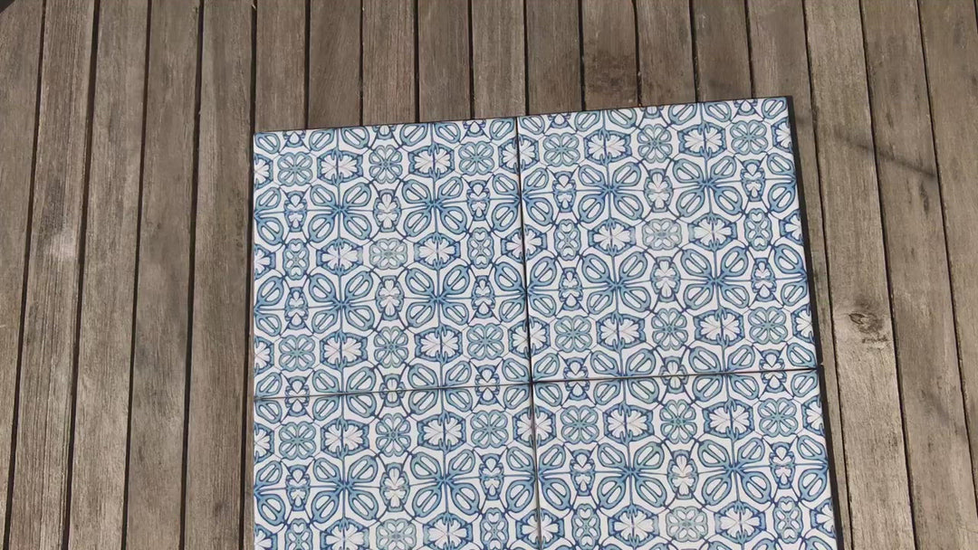 Blue Turkish Flower tiles - mid blue and white -  FIRED INK Version