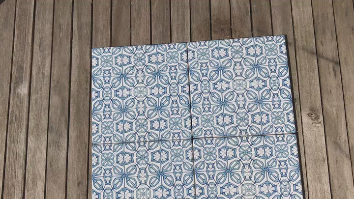 Blue Turkish Flower tiles - mid blue and white -  FIRED INK Version