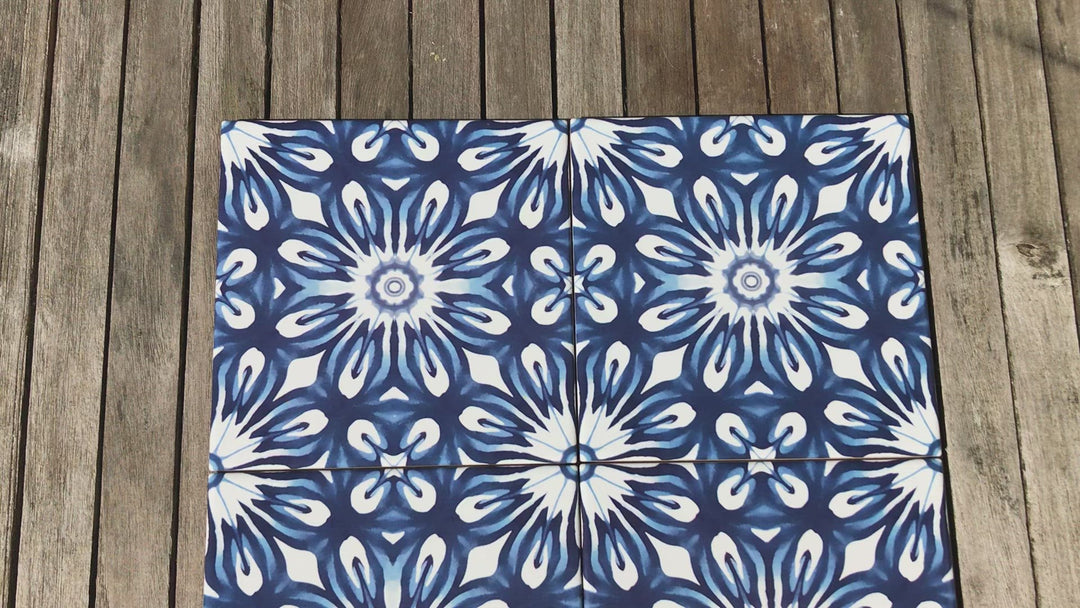 Dutch Delft style tiles - navy blue and white flower tile -  FIRED INK Version