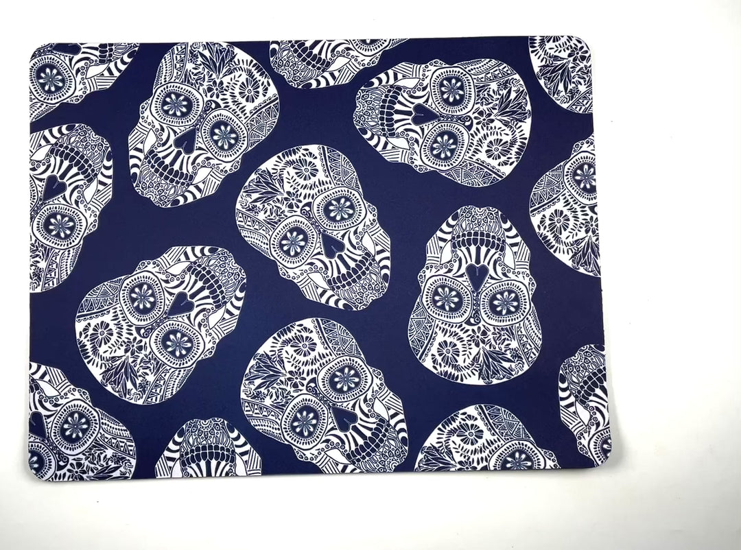 Blue White Illustrated Skulls Large Pet Food Mat