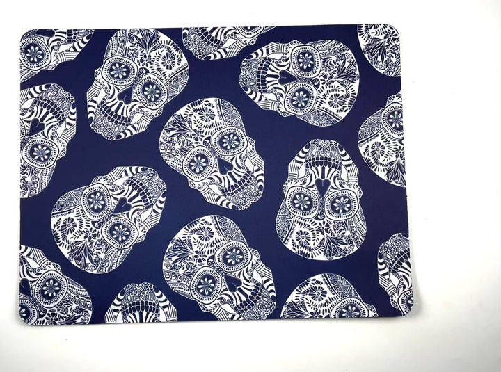 Blue White Illustrated Skulls Large Pet Food Mat