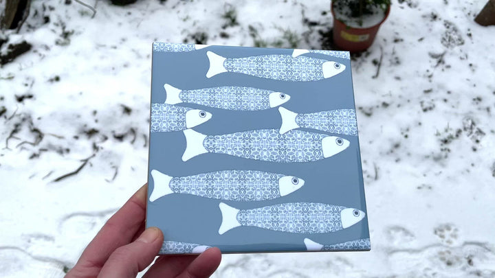 SALE - Set of 3 x 15.2cm Ocean Shoal tile - blue-grey colourway