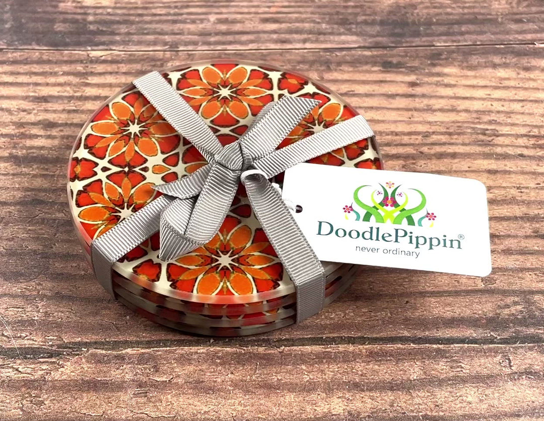 Moroccan Flower Coasters - Pink Apricot Orange - Glass Coaster Set