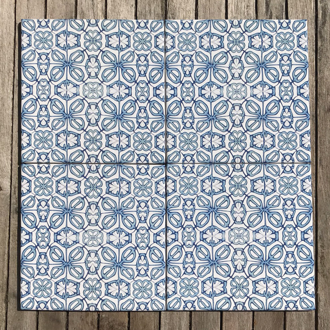 Blue Turkish Flower tiles - mid blue and white -  FIRED INK Version