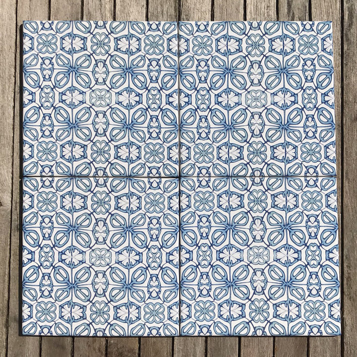 Blue Turkish Flower tiles - mid blue and white -  FIRED INK Version