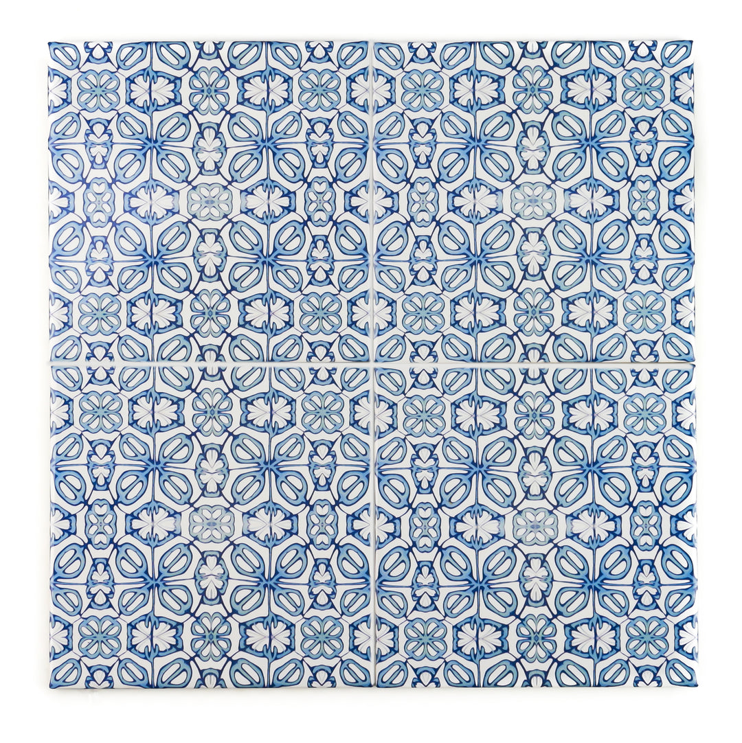 Blue Turkish Flower tiles - mid blue and white -  FIRED INK Version