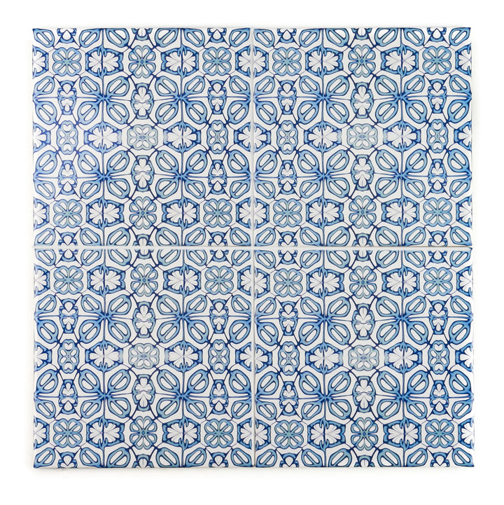 Blue Turkish Flower tiles - mid blue and white -  FIRED INK Version