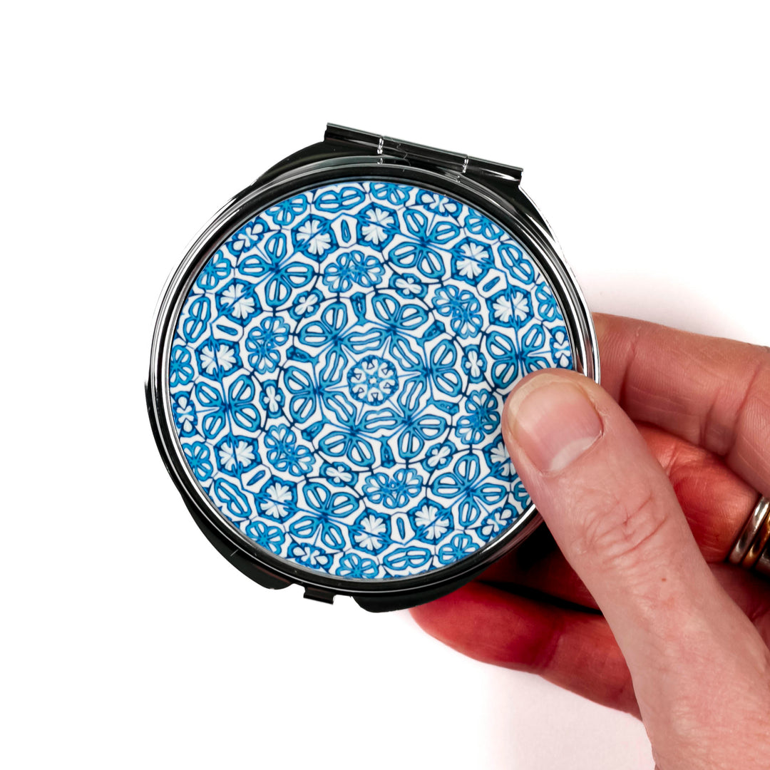 Blue Turkish Flower Compact Folding Mirror