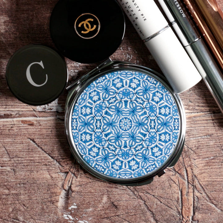 Blue Turkish Flower Compact Folding Mirror