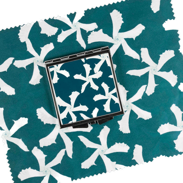 Teal Jasmine Flower Compact Folding Mirror
